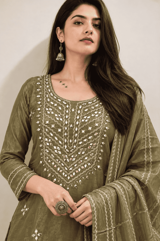 Olive Green Embroidered Tissue Shimmer Kurta Pant and Dupatta