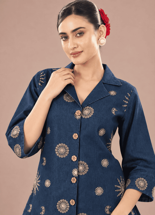 Navy Blue Embroidered Denim Co-ord Set