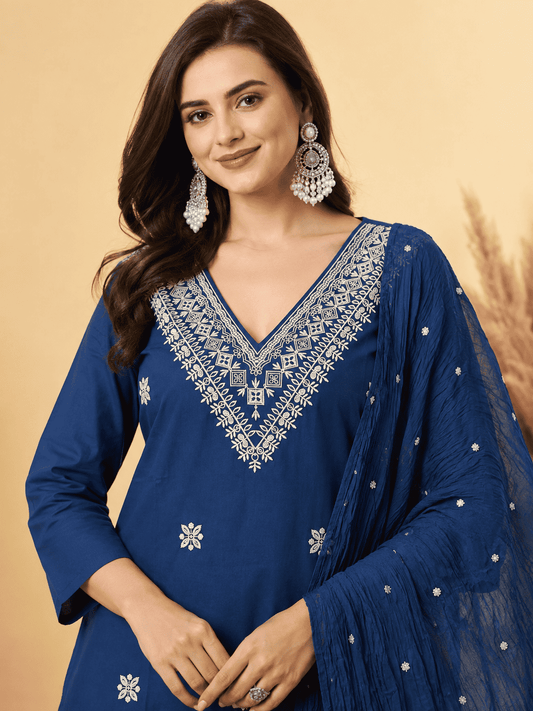 Navy Blue Embroidered Cotton Blend Kurta Pant and Dupatta