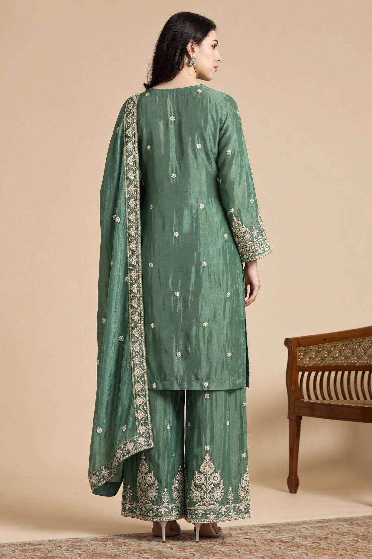 Sea Green Embroidered Chinon Kurta Sharara and Dupatta Set