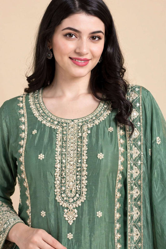 Sea Green Embroidered Chinon Kurta Sharara and Dupatta Set