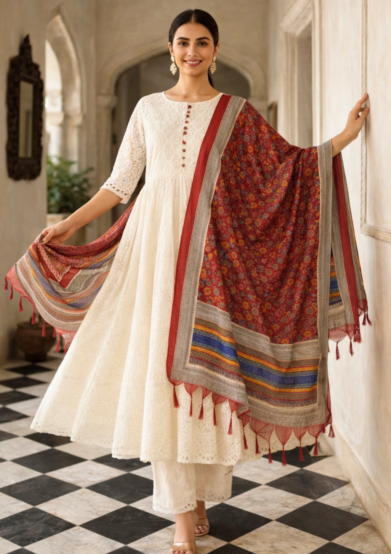 White Chikankari Kurta Pant With Red Printed Dupatta