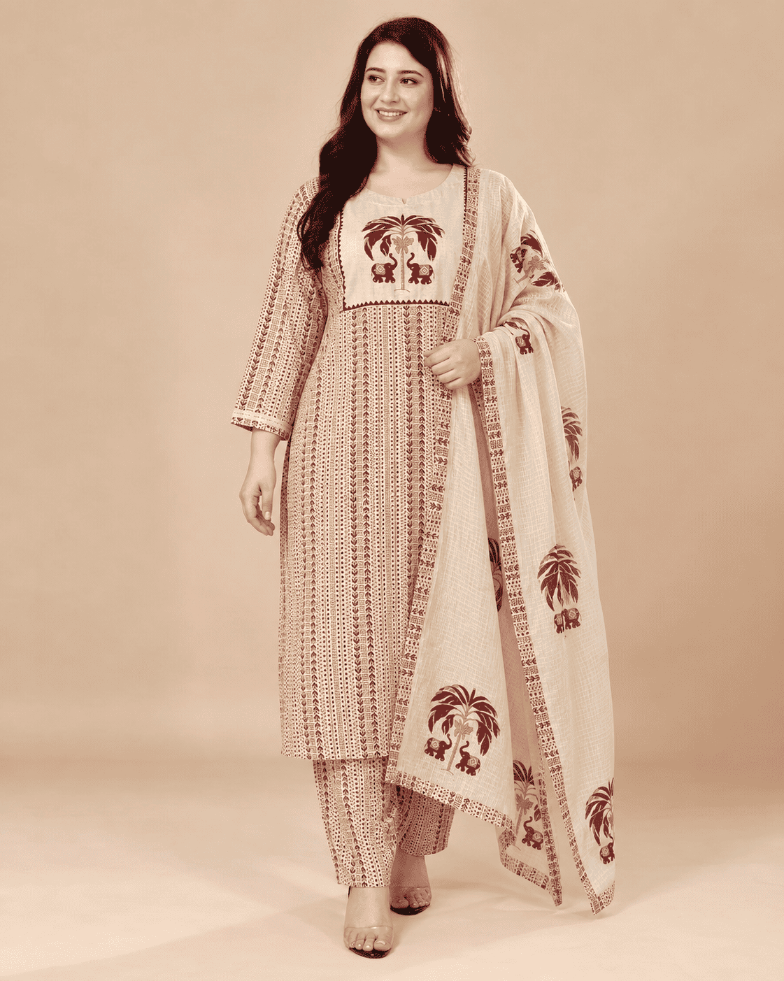 Off White in maroon tone printed cotton kurta and pant with dupatta