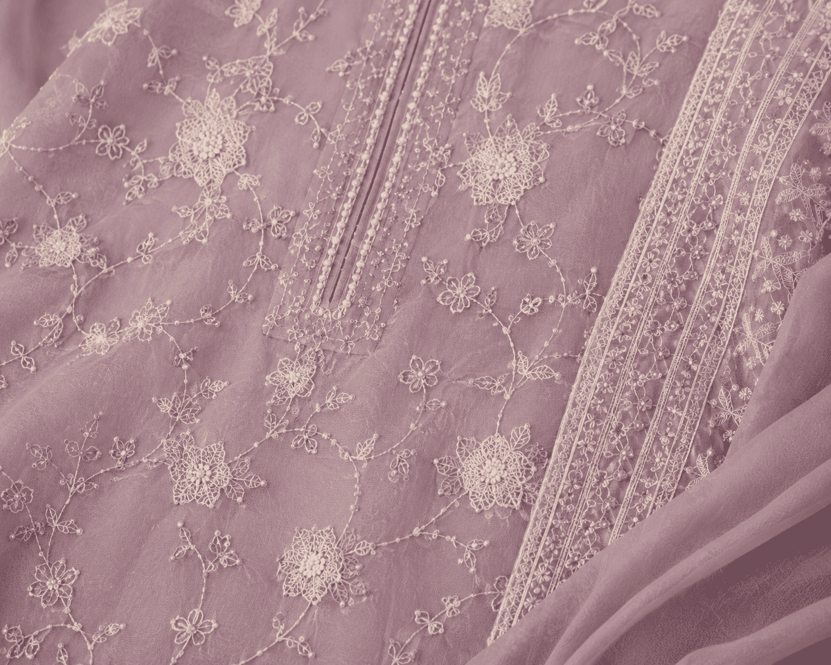 Unstitched Lavender Georgette With Sequin Embroidered Suit Material