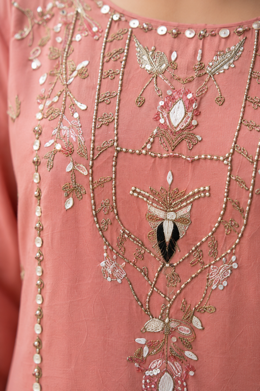 Pink Mul Chanderi Embroidered Kurta and Pant With Dupatta