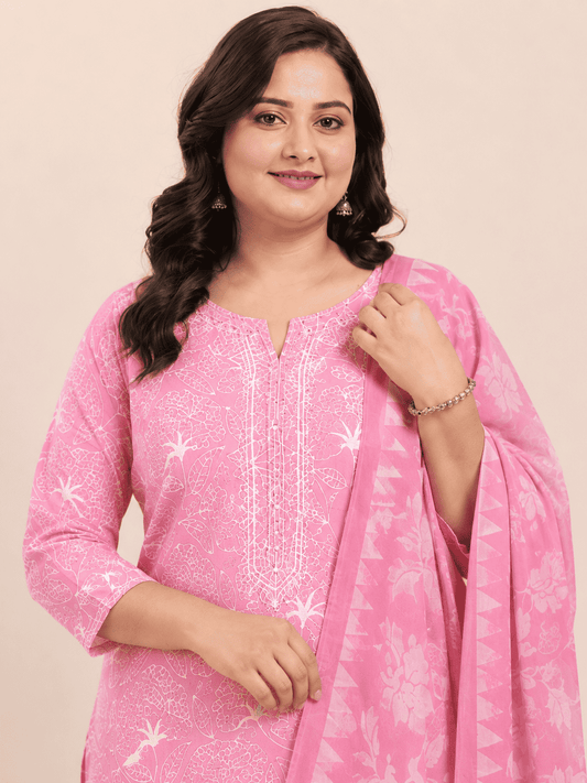 Pink Block Printed Cotton Kurta Pant With Dupatta