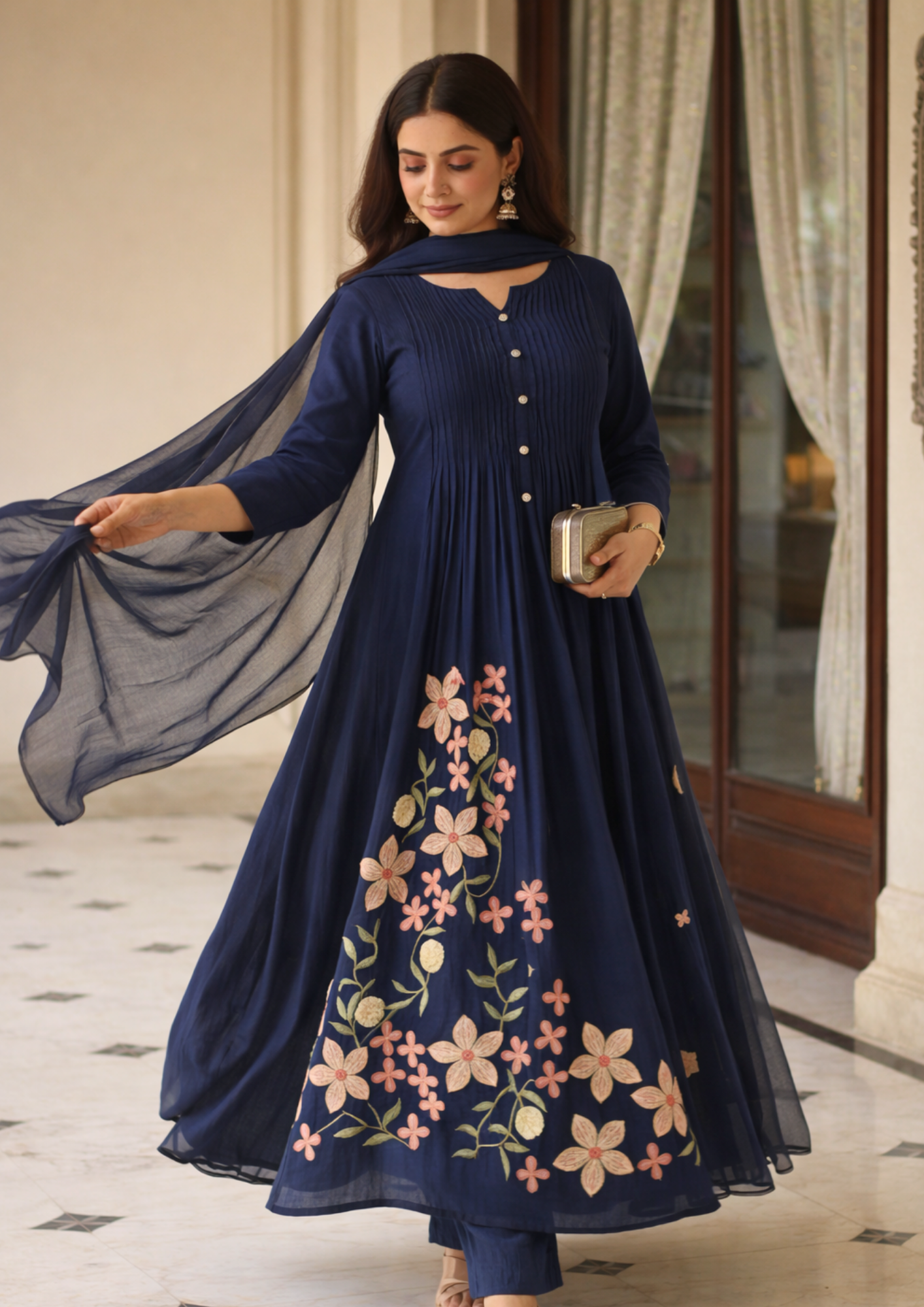Navy Blue Cotton Anarkali Kurta Pant With Floral Embroidery And Dupatta