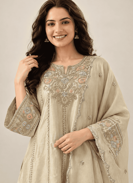 Beige Gold Embroidered Chinon Kurta and Farshi Pant and Dupatta