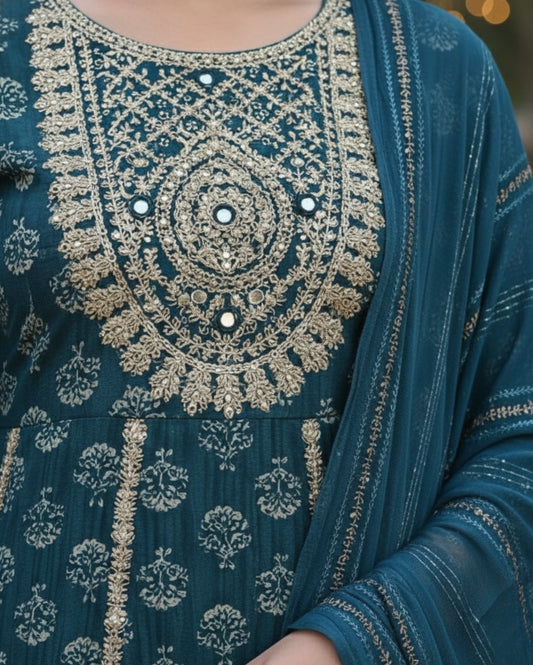 Teal Floral Cotton Kurta Set With Printed Straight Trousers With Dupatta