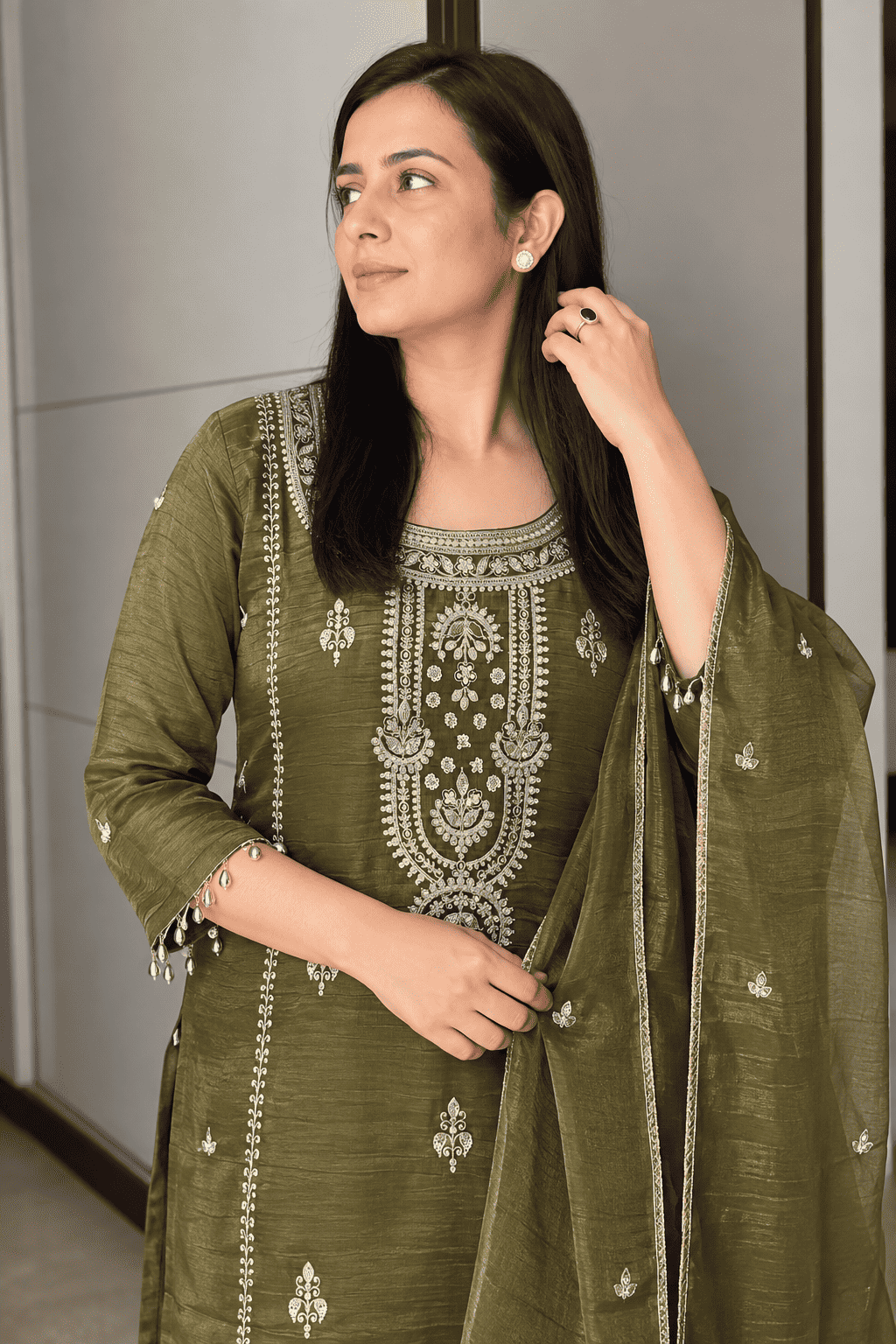 Mehendi Green Embroidered Chinon Kurta Pant and Dupatta