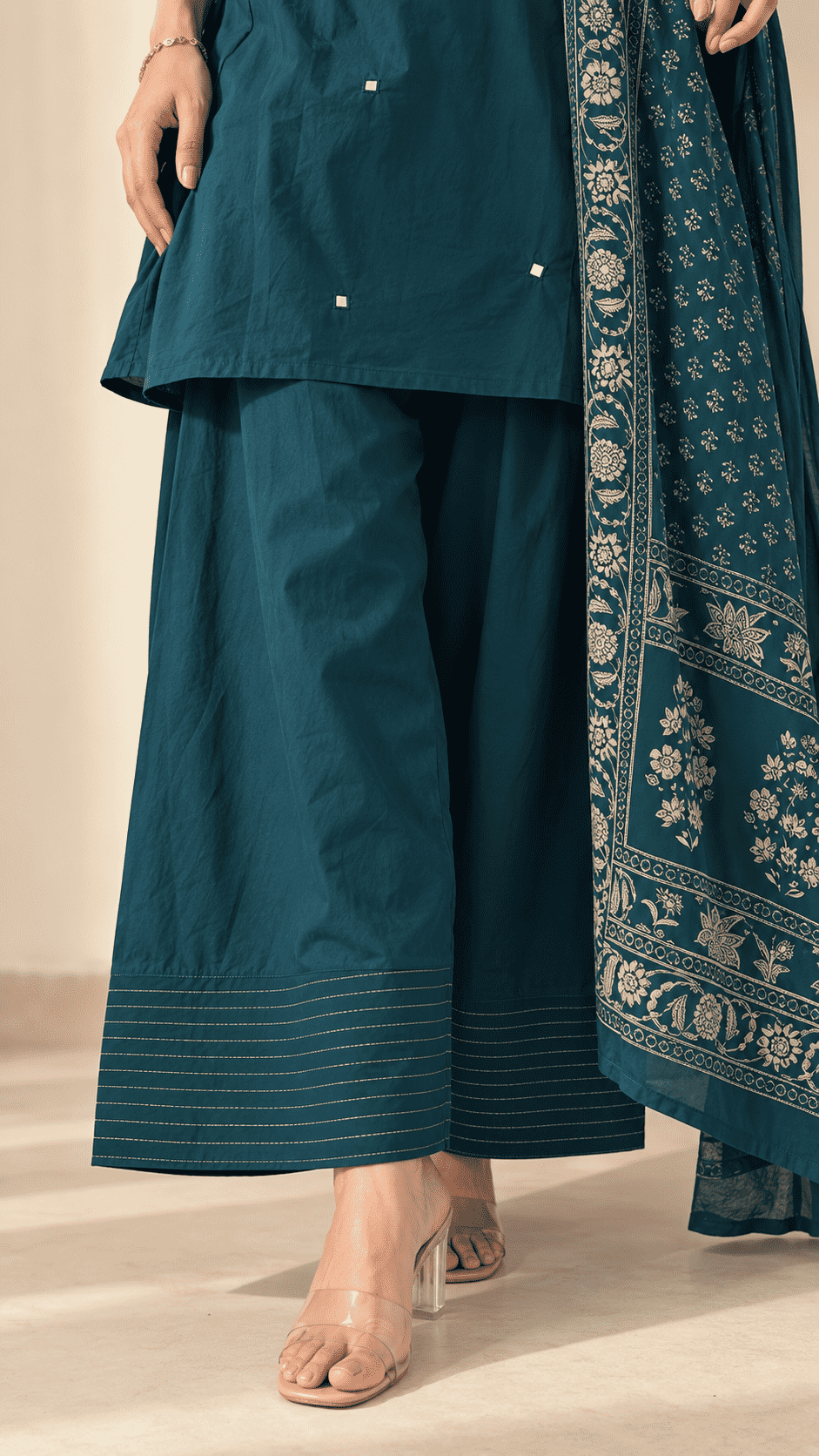 Teal Blue Printed Cotton Blend Kurta Pant and Dupatta
