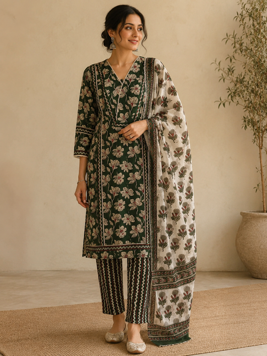 Green Floral Printed Cotton Blend Kurta and Pant with Dupatta