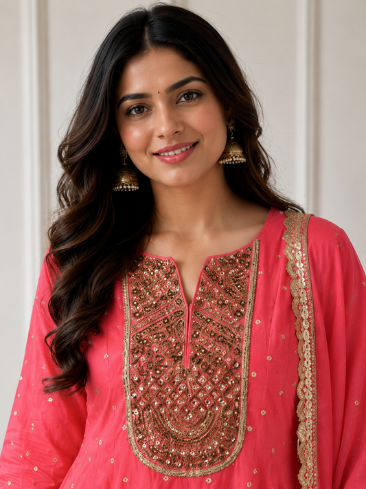 Pink Mul Chanderi Embroidered Anarkali Kurta and Dhoti Pant With Dupatta