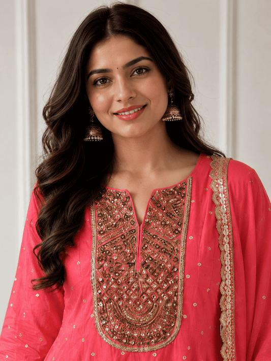 Pink Mul Chanderi Embroidered Anarkali Kurta and Farshi With Dupatta