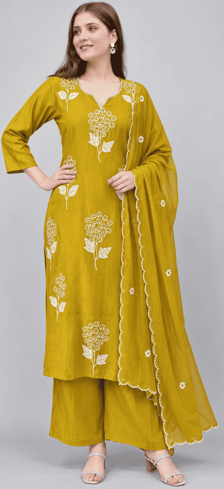 Mustard Yellow Embroidered Chanderi Kurta and pant with dupatta