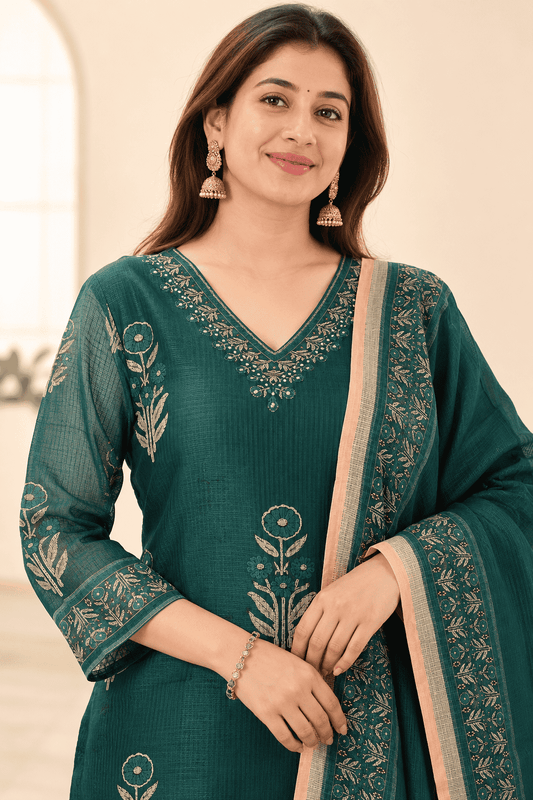 Peacock Green Printed Kota Doria Cotton Kurta Pant and Dupatta