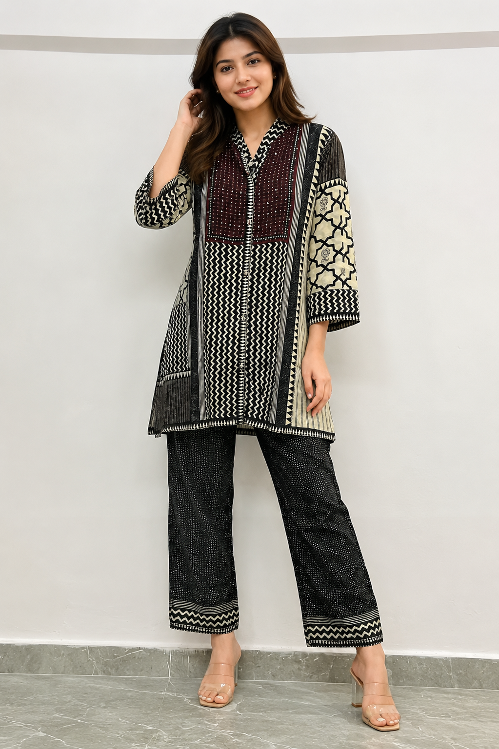 Black & Ivory Printed Cotton Blend Kurta Pant Set