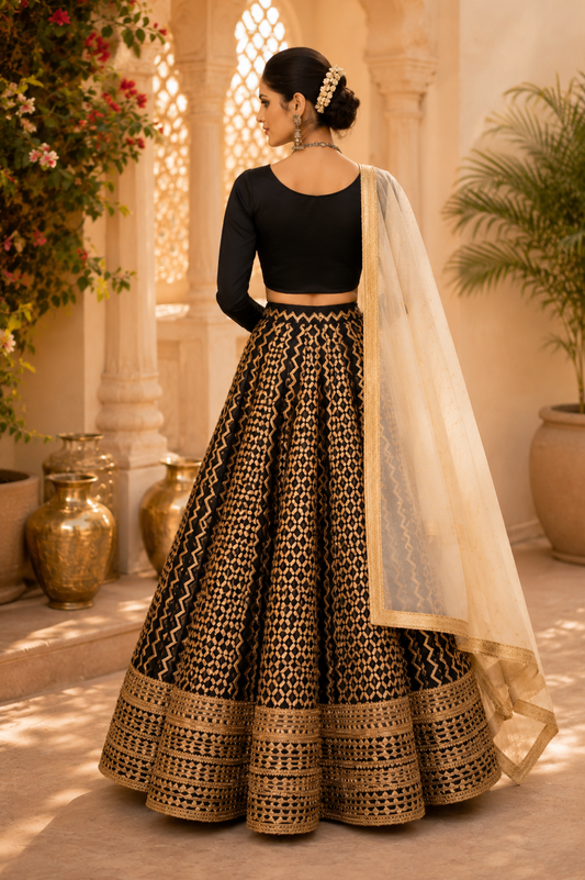 Black cotton silk blouse with ivory geometric printed gota lace lehenga paired with an ivory embroidered organza dupatta