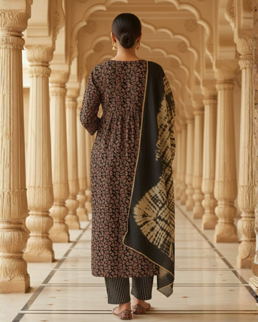 Black Printed Cotton Kurta Set With Tie And Dye Dupatta