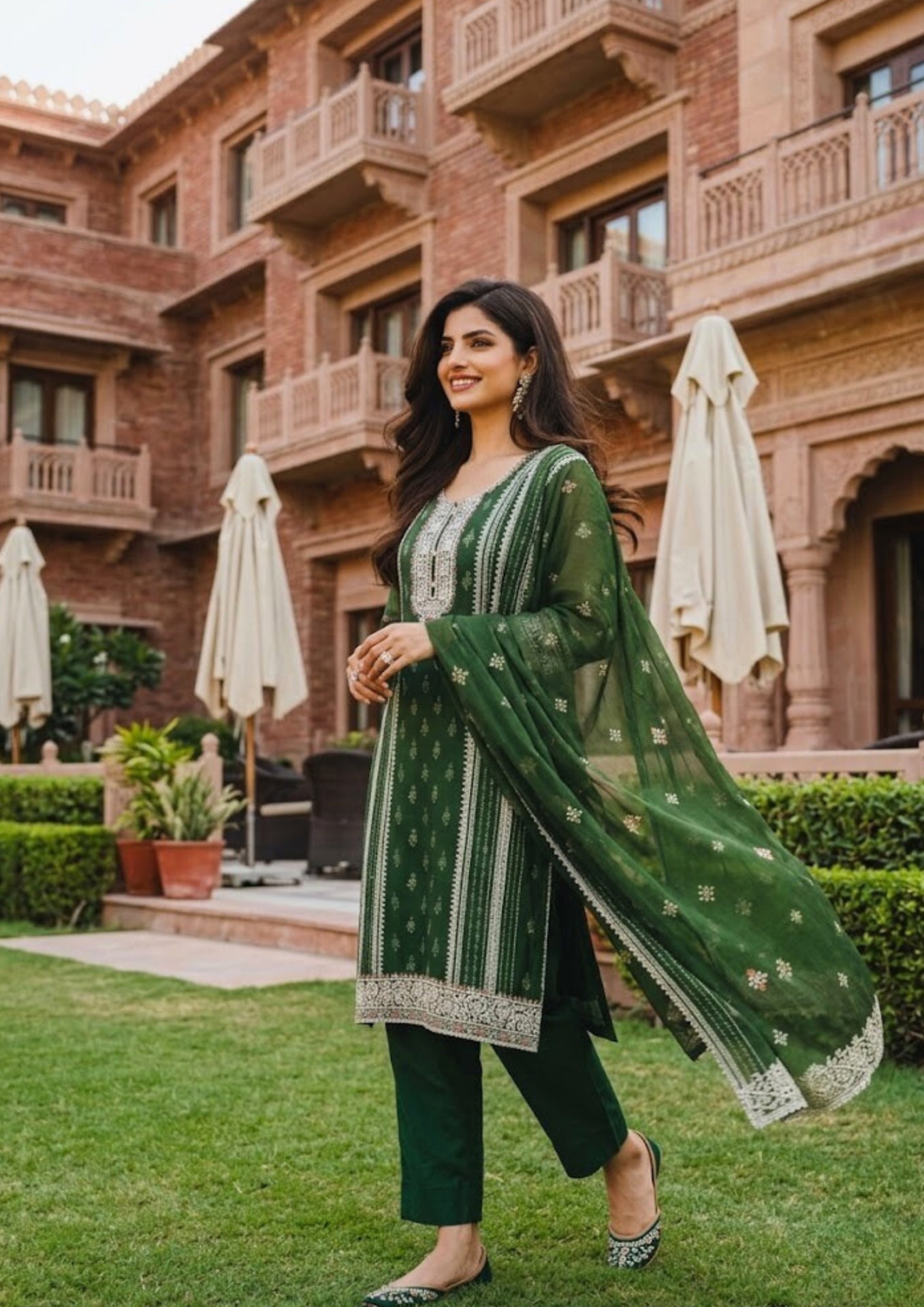 Semi-Stitched Soft Organza In A Forest Green Shade With Intricate Multicoloured Thread And Zari Embroidery Suit Material
