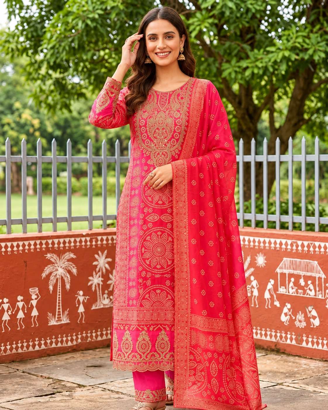 Hot Pink Embroidered Chinon Bandhani Kurta Set With A Vibrant Dupatta
