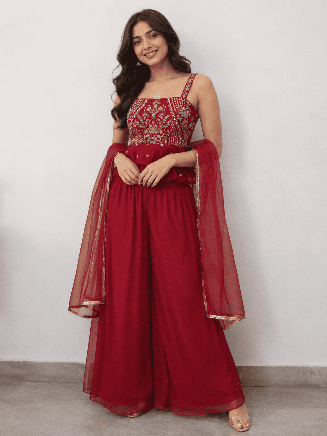 Pink Silk Blend Embroidered Peplum Short Kurta and Wide Palazzo Pants with Dupatta and Belt