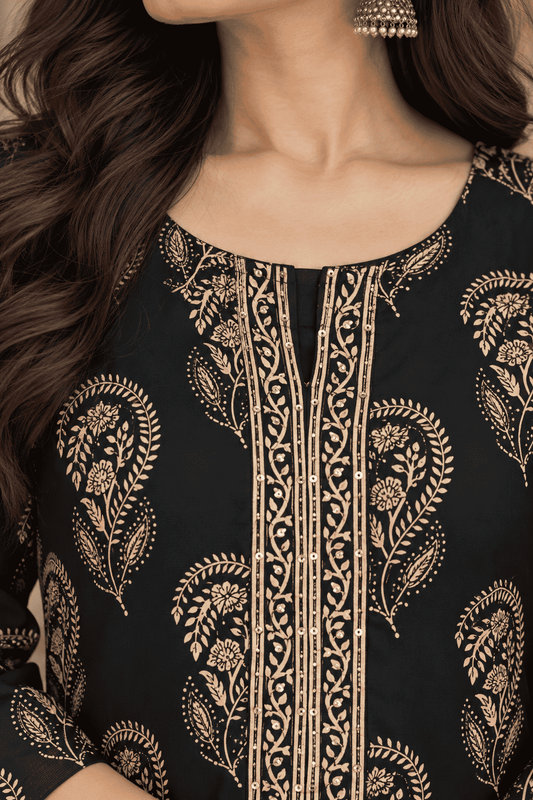 Black Printed Cotton Blend Kurta Pant and Dupatta