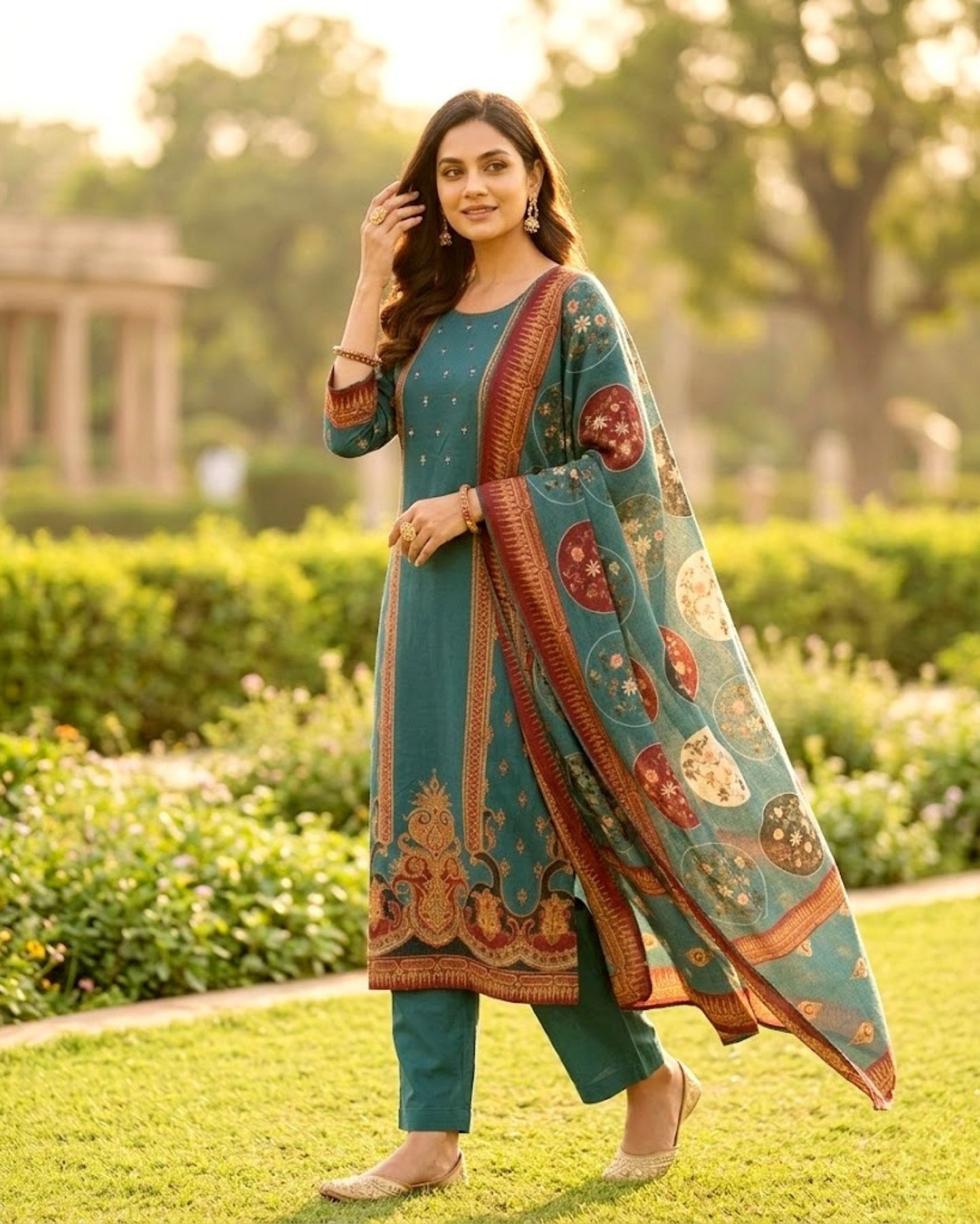 Premium Chinon Crepe Teal With Mirror Work Kurta Set With Dupatta