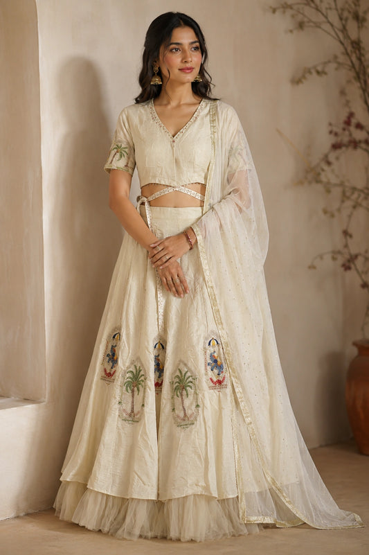 Ivory silk blend with embroidery lehenga choli set with net dupatta