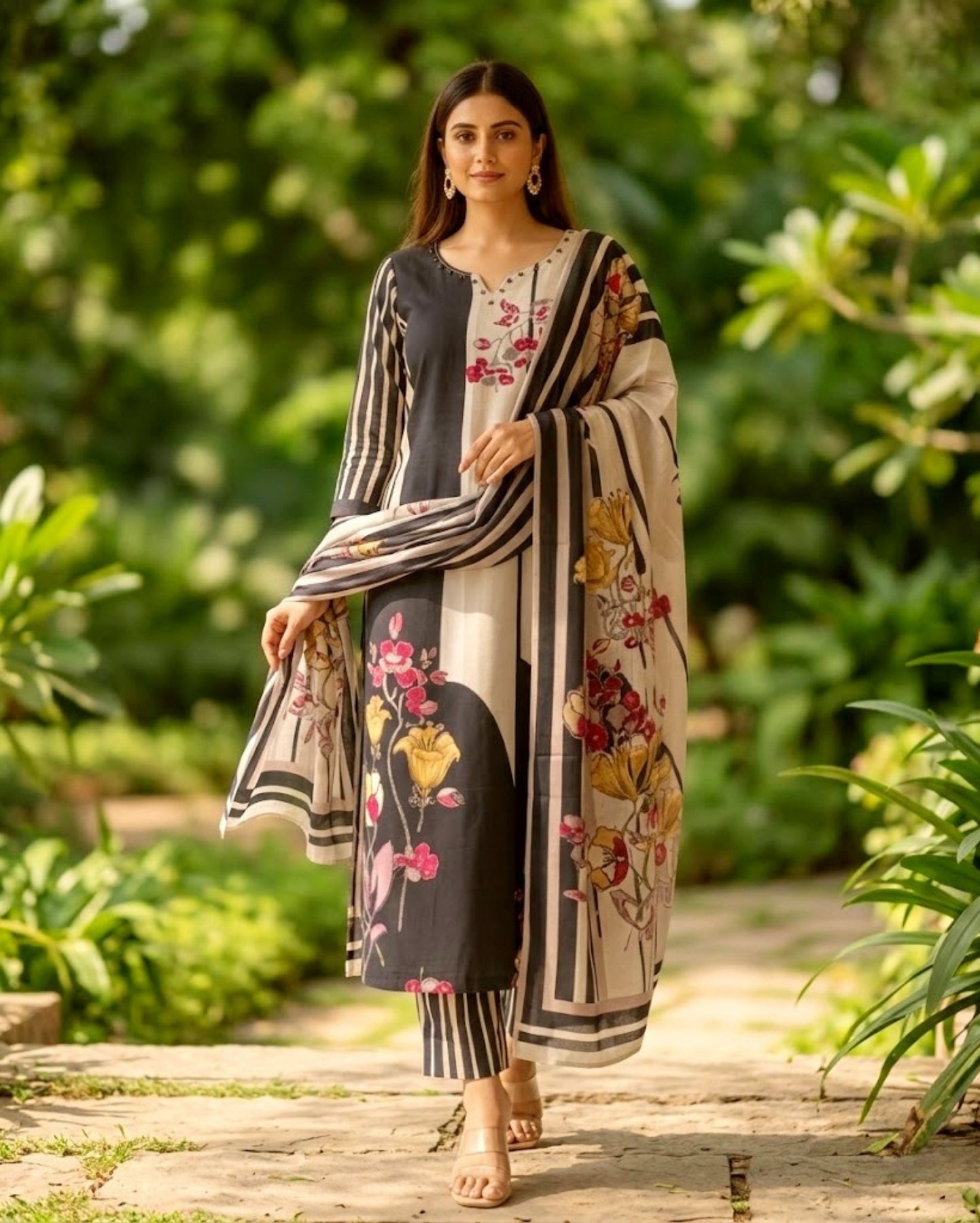Floral Printed Striped Black Beige Rayon Kurta Pant With Dupatta
