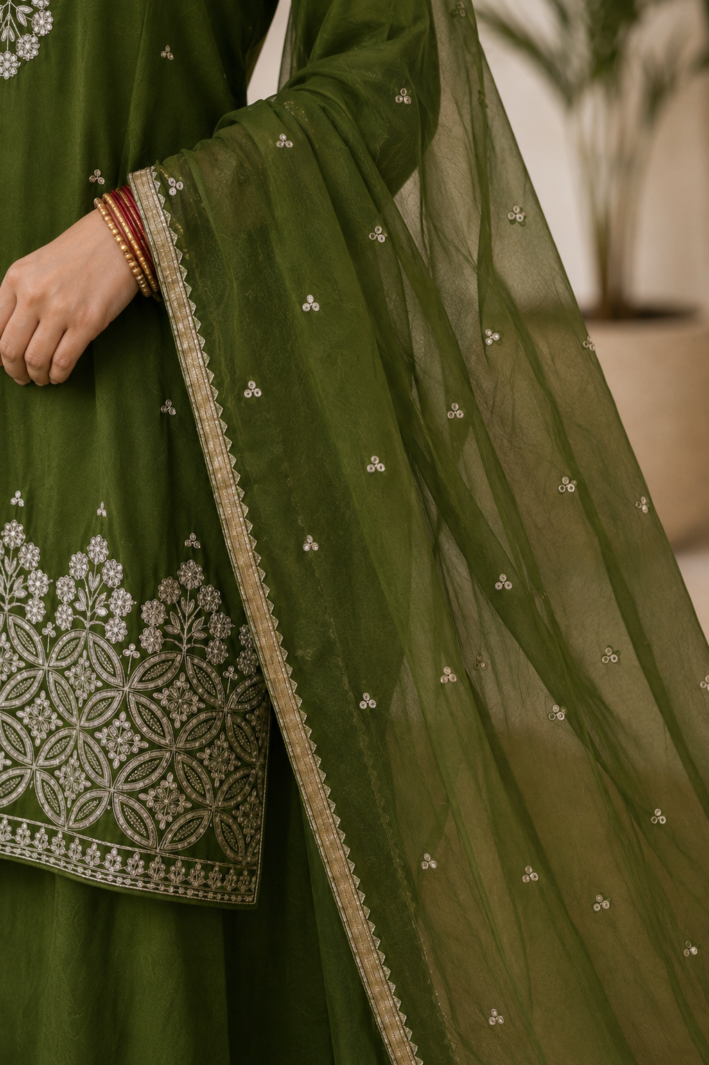 Mehendi Green Rangoli Crush Embroidered Kurta and Wide Palazzo with Dupatta