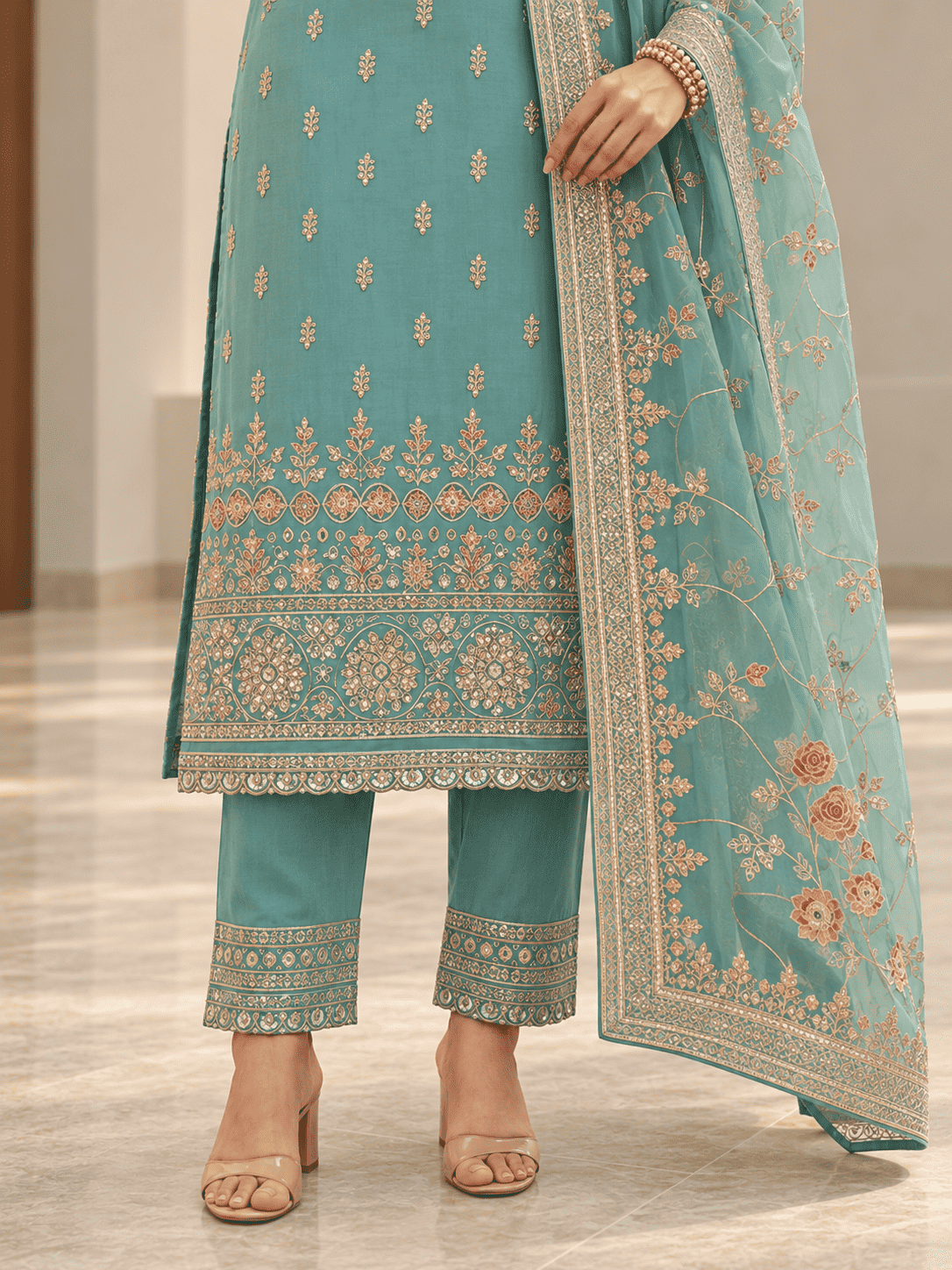 Semi-Stitched Light Aqua Pure Organza Suit With Delicate Zari–Resham Thread Embroidery