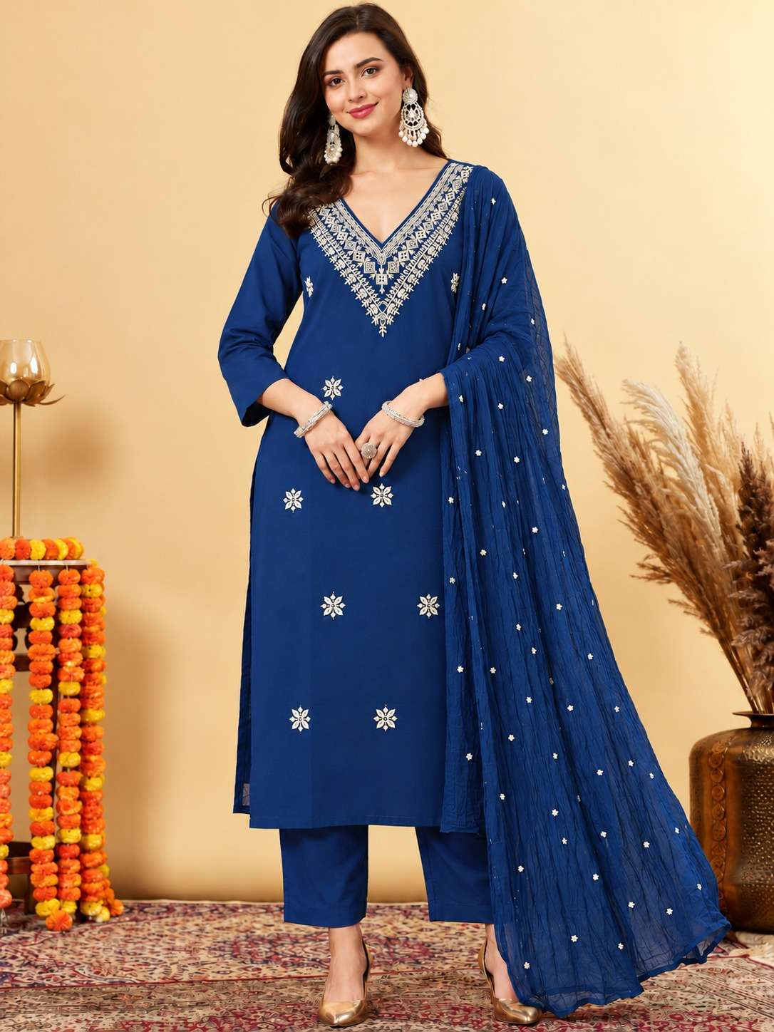 Navy Blue Embroidered Cotton Blend Kurta Pant and Dupatta