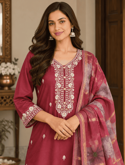 Purple Viscose Roman Silk Embroidered Kurta Pant and Dupatta Set