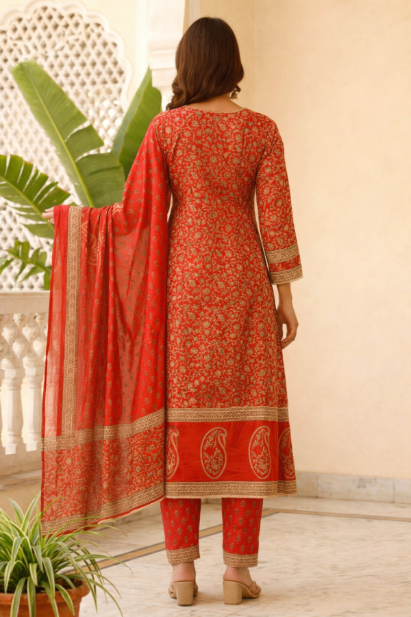 Vibrant Red Cotton Floral Handblock Sangneri Angrakha-Style Kurta Set With Dupatta