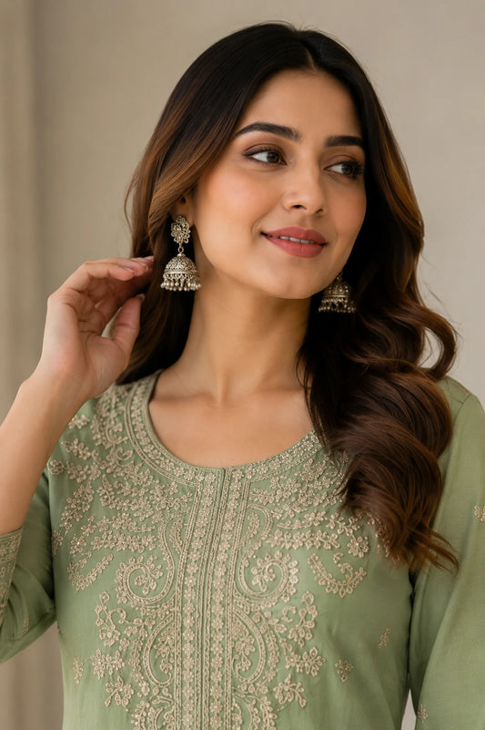 Pista Green Roman Silk embroidered kurta pant with dupatta