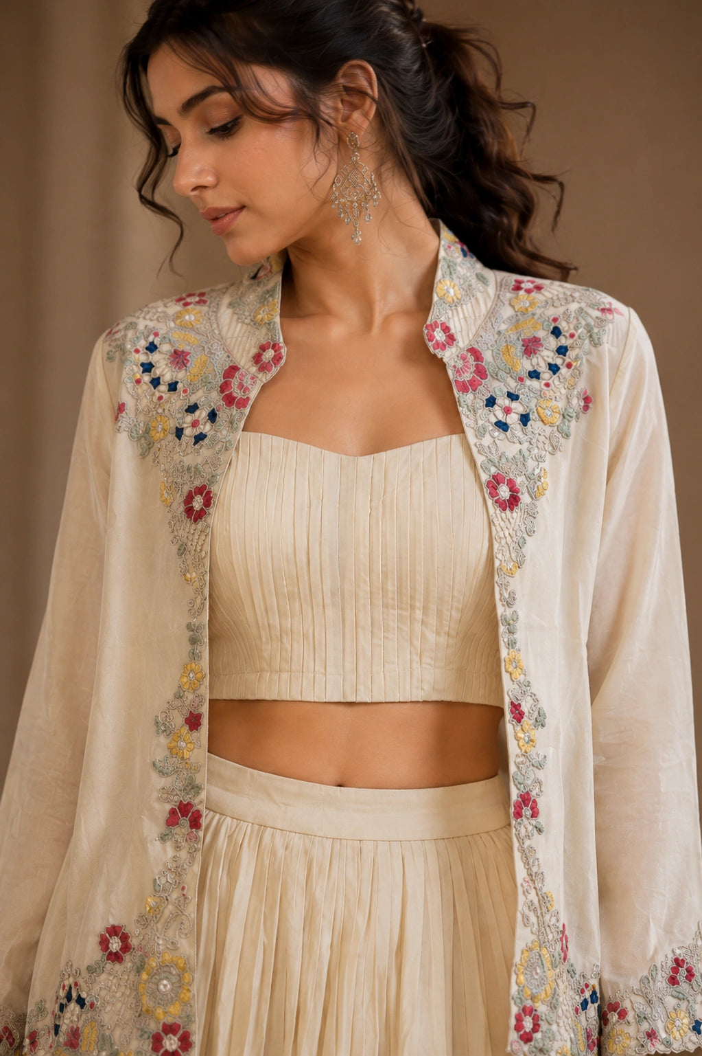 Ivory silk blend with embroidery jacket lehenga set
