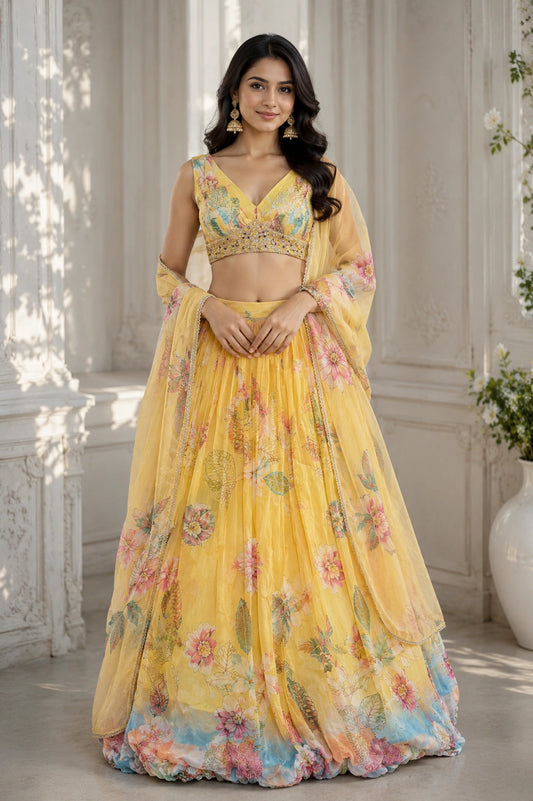 Yellow floral tebby organza lehenga choli with dupatta