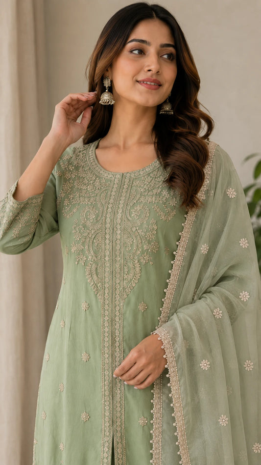 Pista Green Roman Silk embroidered kurta pant with dupatta
