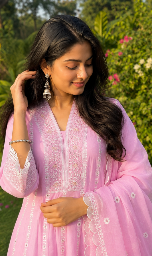 Baby Pink Embroidered Mul Cotton Kurta Pant and Dupatta