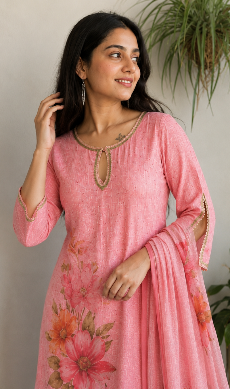 Pink Floral Printed Linen Kurta Pant and Dupatta