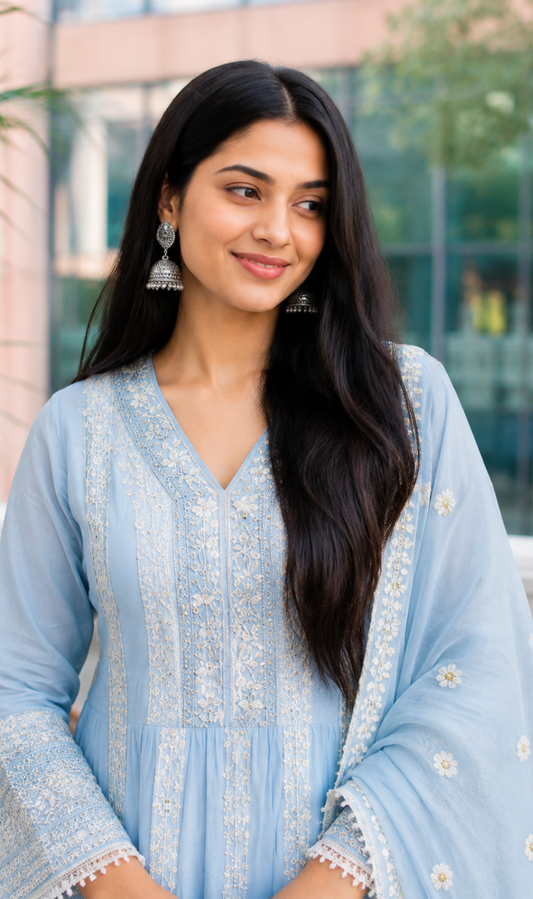 Sky Blue Embroidered Mul Cotton Kurta Pant and Dupatta