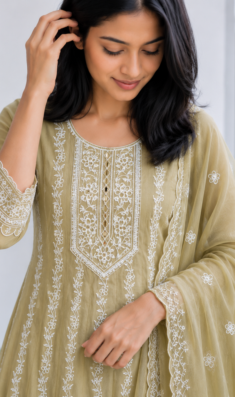 Beige Embroidered Mul Cotton Kurta Pant and Dupatta