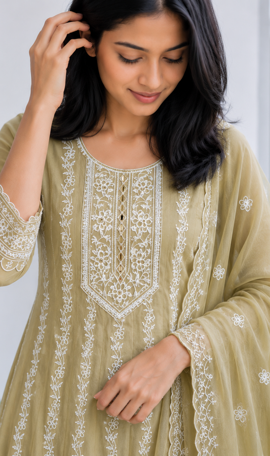 Beige Embroidered Mul Cotton Kurta Pant and Dupatta