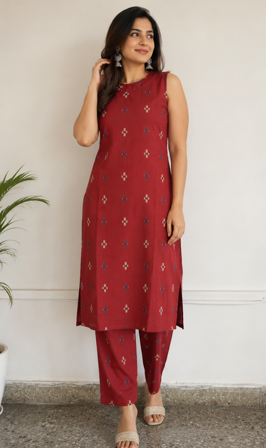 Rust Cotton Blend Printed Kurta Pant Set