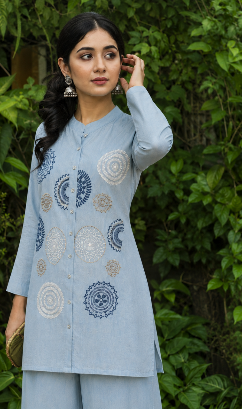 Sky Blue Butter Crepe Embroidered Kurta Pant Set
