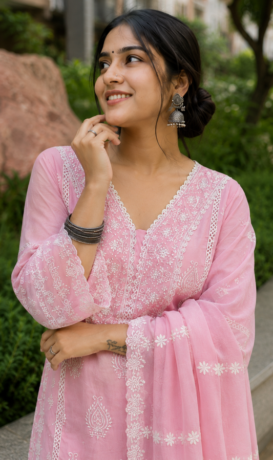 Pink Chikankari Embroidered Mul Cotton Kurta Pant With Dupatta
