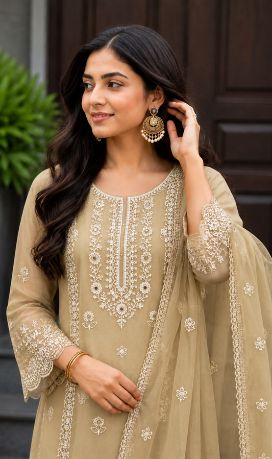 Beige Floral Embroidered Mul Cotton Kurta Pant With Dupatta