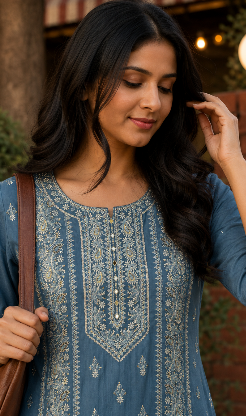 Dusty Blue Embroidered Cotton Kurta Pant and Dupatta