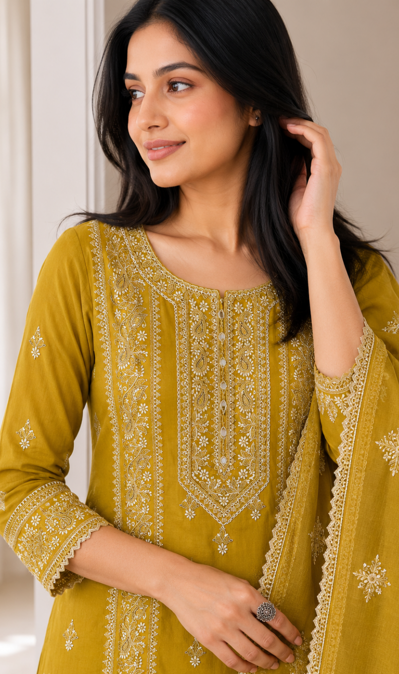 Mustard Embroidered Cotton Kurta Pant and Dupatta